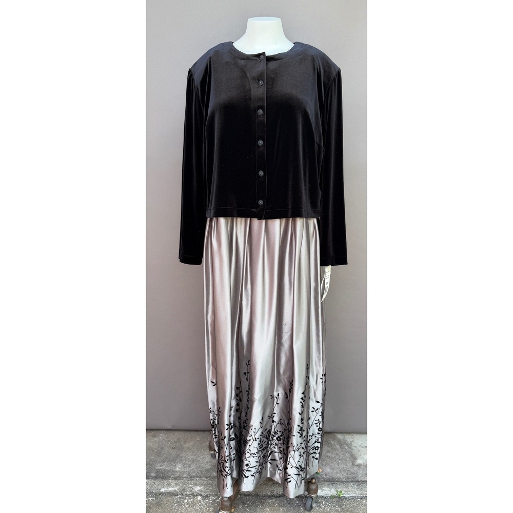 KSL Karin Stevens 20W Black Velvet Silver Floral Maxi Dress Cardigan Set NWT 90s